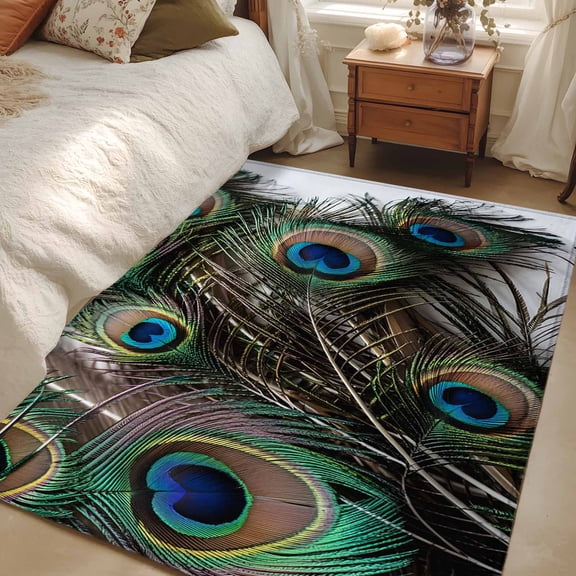 Area Rug for Living Room, Peacock Feather Non-Slip Indoor Large Carpet for Bedroom/Dining Room, Teal Blue Bird Feather Modern Art Printed Washable Low-Profile Rectangle Floor Runner Rugs - 4 x 6 Ft