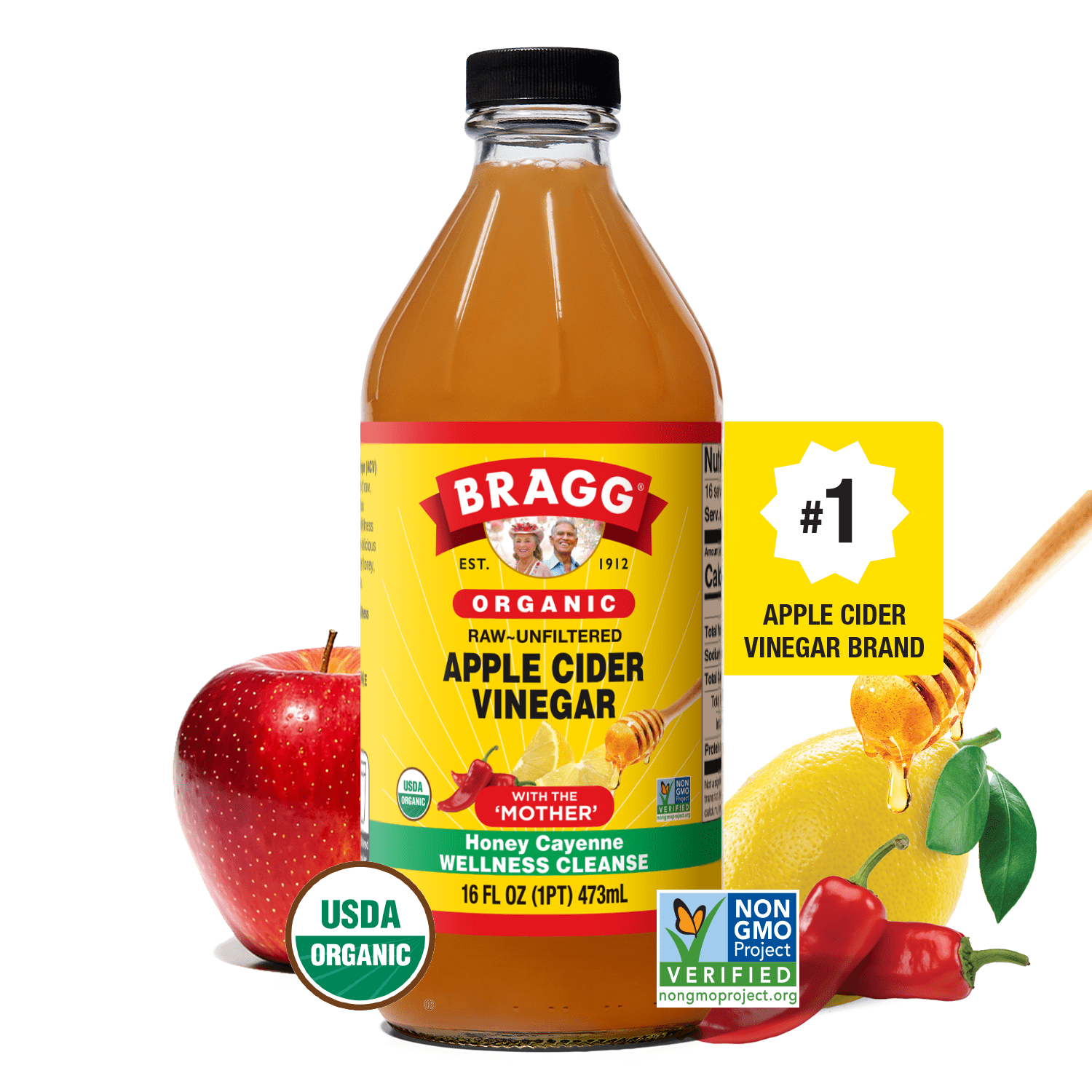 (6 pack) Bragg Organic Apple Cider Vinegar Honey Cayenne Wellness Cleanse, Raw and Unfiltered, 16 fl oz