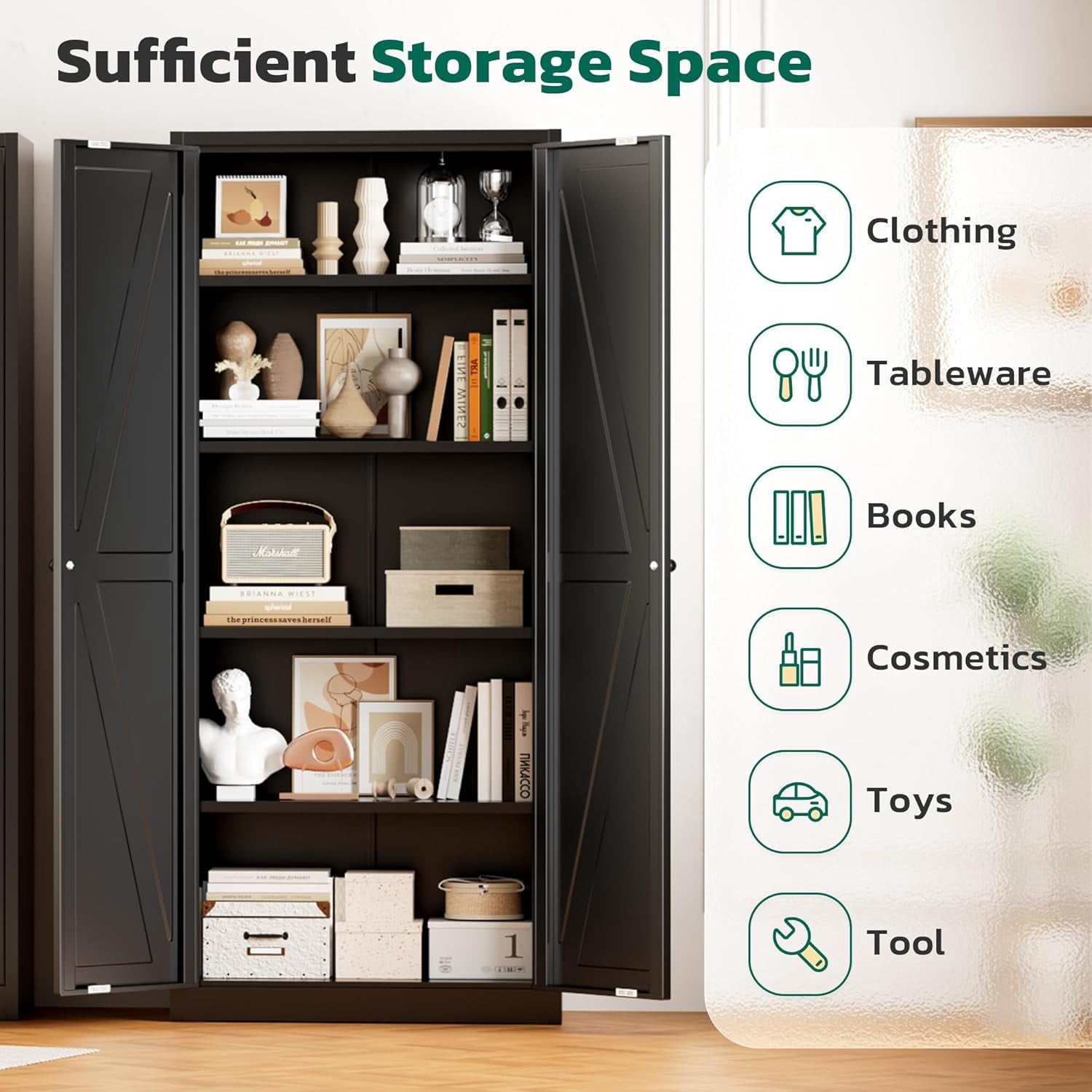 SOLAURA 63" H Farmhouse Metal Kitchen Pantry Cabinet, Pantry Storage Cabinets with 2 Barn Doors and 4 Adjustable Shelves for Kitchen, Living Room, Bedroom, Dining Room, Home(Black)