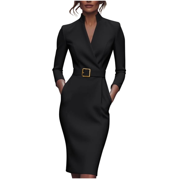 Levmjia Womens Dress Solid Color V-Neck Tunic With Belt Knee Length Long Sleeve Casual Polyester Work Office Elegant Comfortable Commuting Outfit