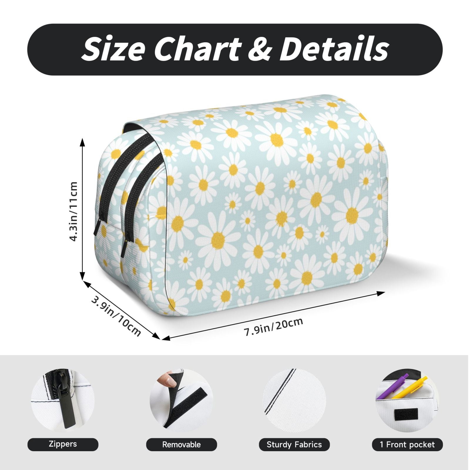 Rateoe Daisies Flowers Pattern Double Clamshell Pen Case, Storage Organizer with Two Zipper Compartments– Holds Up to 50 Pencils & Pens