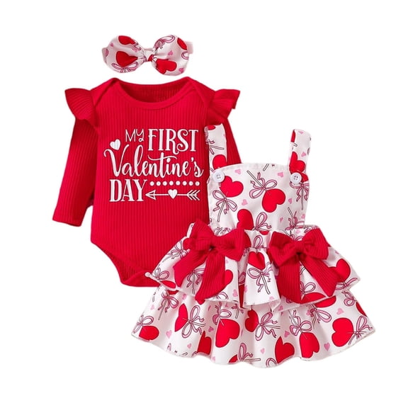 Fesfesfes Baby Valentine Heart Print Lace Dress Set with Bow Headband Long Sleeve Round Neck 3 Piece Outfit for Infant Toddler Cute Holiday Winter Autumn Matching Clothes(Red,6-9 Months)