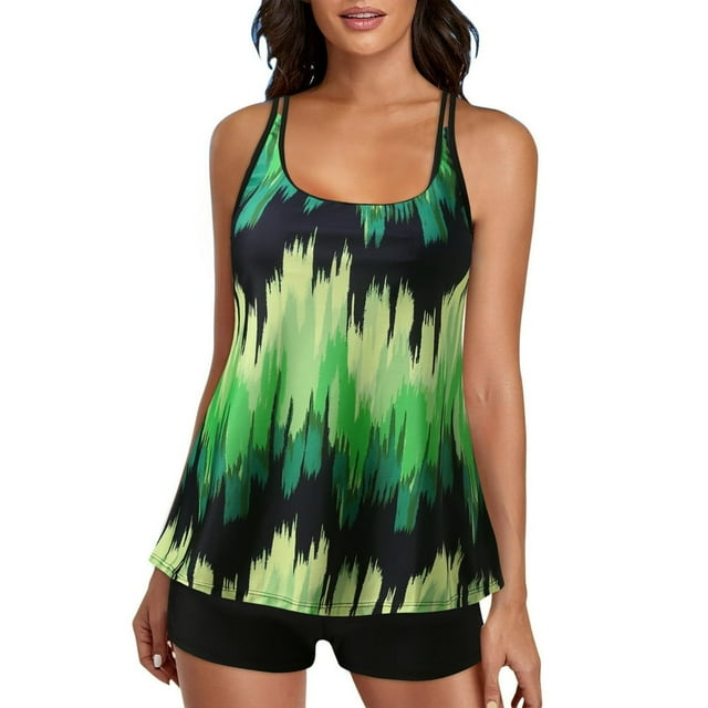 Tankini Bathing Suits for Women 2 Piece Printed Swimsuits Double Straps Tankini Top with Short Swimwear