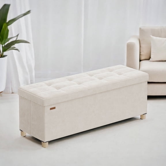 SONGMICS 43.3" Storage Ottoman Bench, Ottoman with Storage, 29 Gal Foot Rest Stool for Living Room, Beige