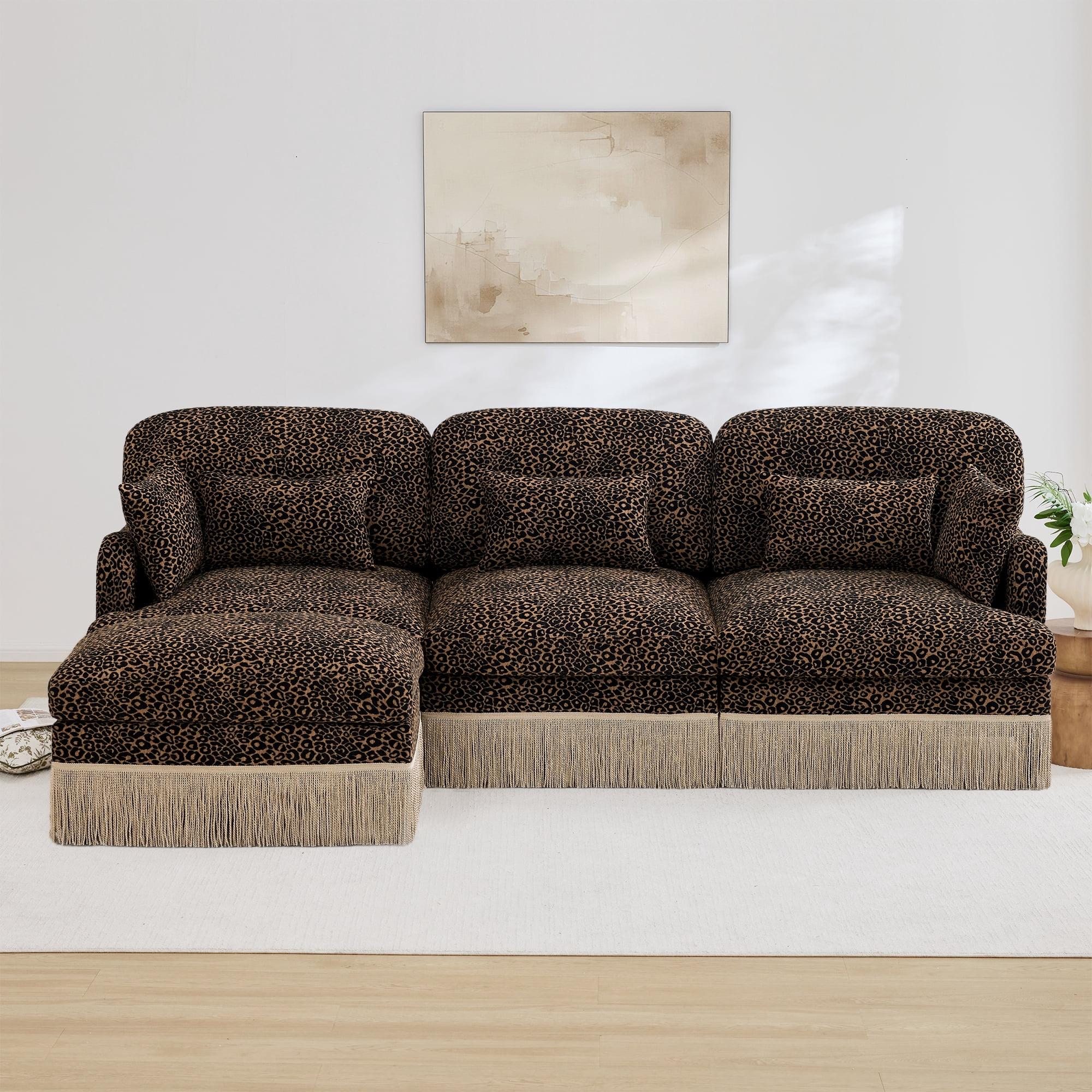 100" Chenille Leopard Tassel Deep Seat L Shape 3 Seater Modular Sofa Couch with 5 Throw Pillows and Ottoman