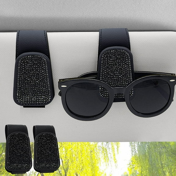 Sunglass Holder for Car Visor, Magnetic Clip Sunglasses Car Holder, Leather Glasses Holder Eyeglass Hanger Eyeglasses Mount, 2-Pack, Bling