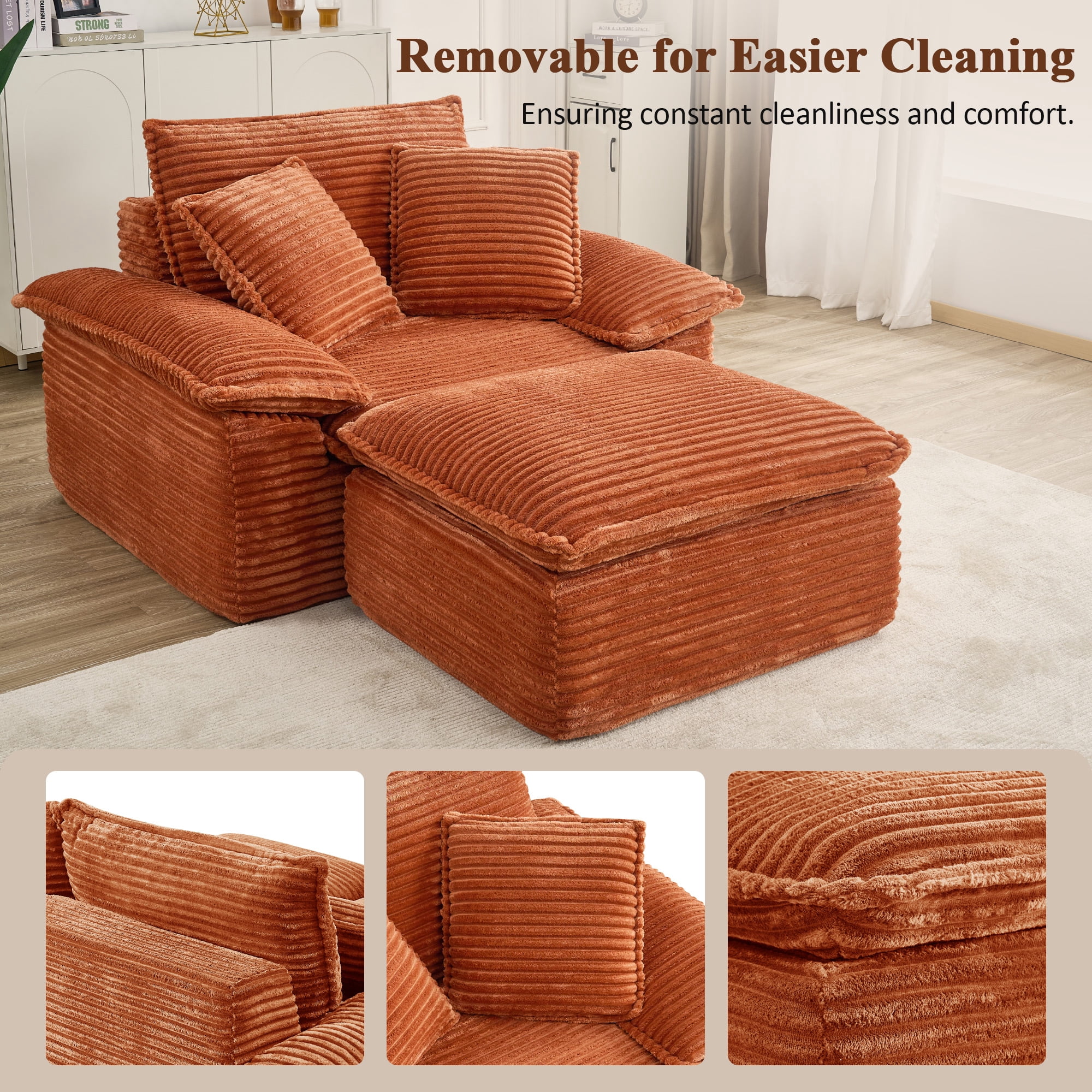 Aukfa 63.5" Oversized Chaise Lounge Sofa with Movable 2-Layer Ottoman, Deep Seat Boneless Couch, Corduroy Lounge Chair, Orange
