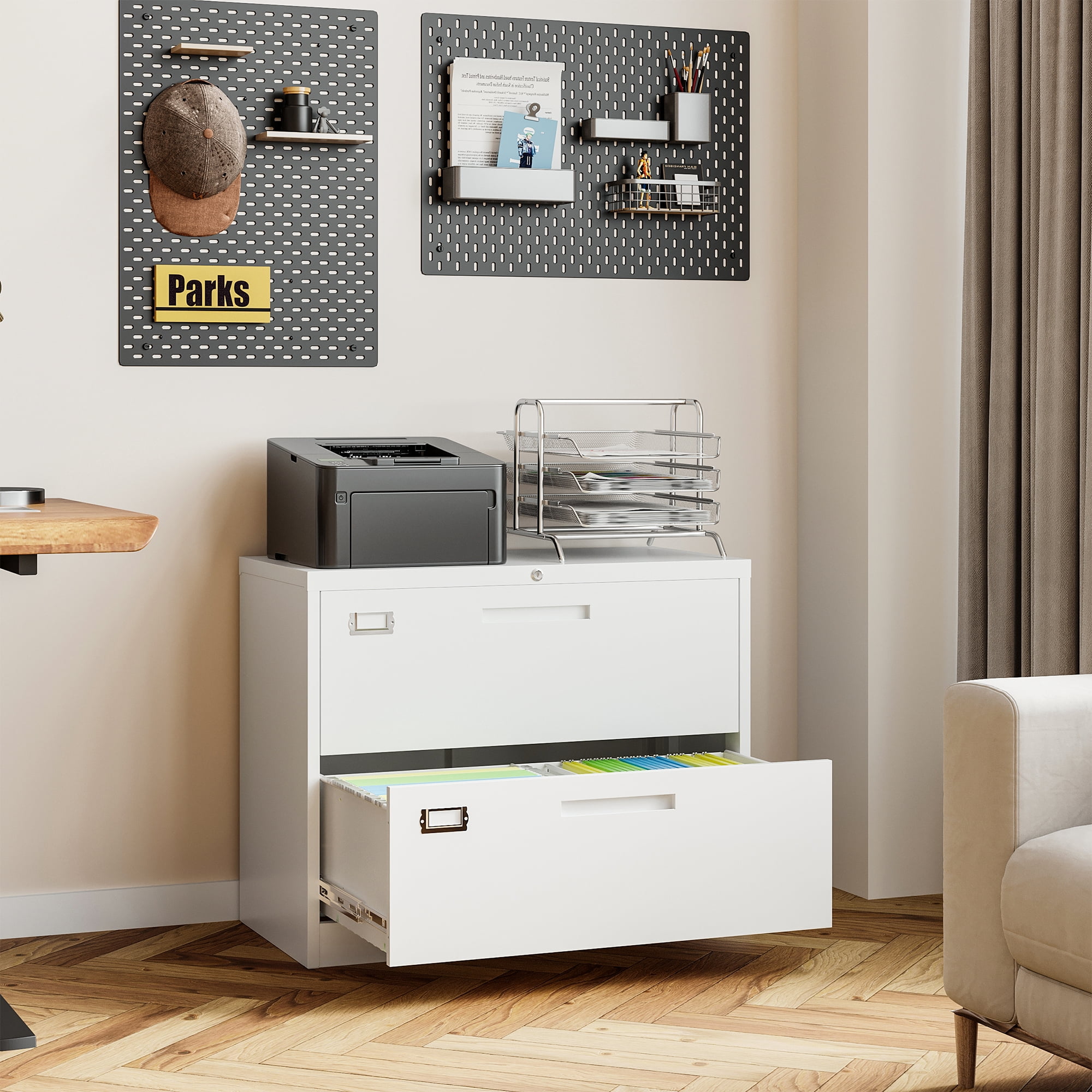 AUHUP 2 Drawer File Cabinet with Lock, Metal Lateral Filing Storage Cabinet Fits Letter/Legal/F4/A4 Size, File Cabinets for Home Office (White-Assembly Required)