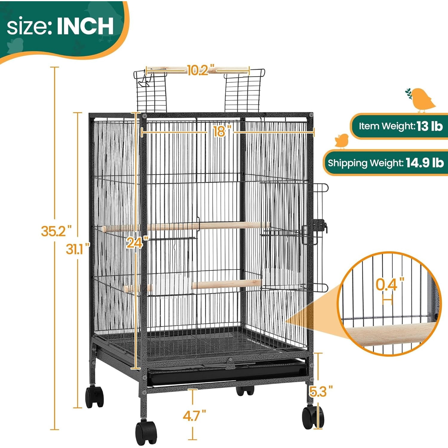 35 inch Wrought Iron Bird Cage w/Play Open Top and Rolling Stand for Small Birds Like Parrots Conure Lovebird Cockatiel Lovebirds Budgies
