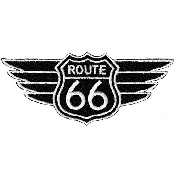 Black Route 66 Wings Embroidered Iron-On Patch