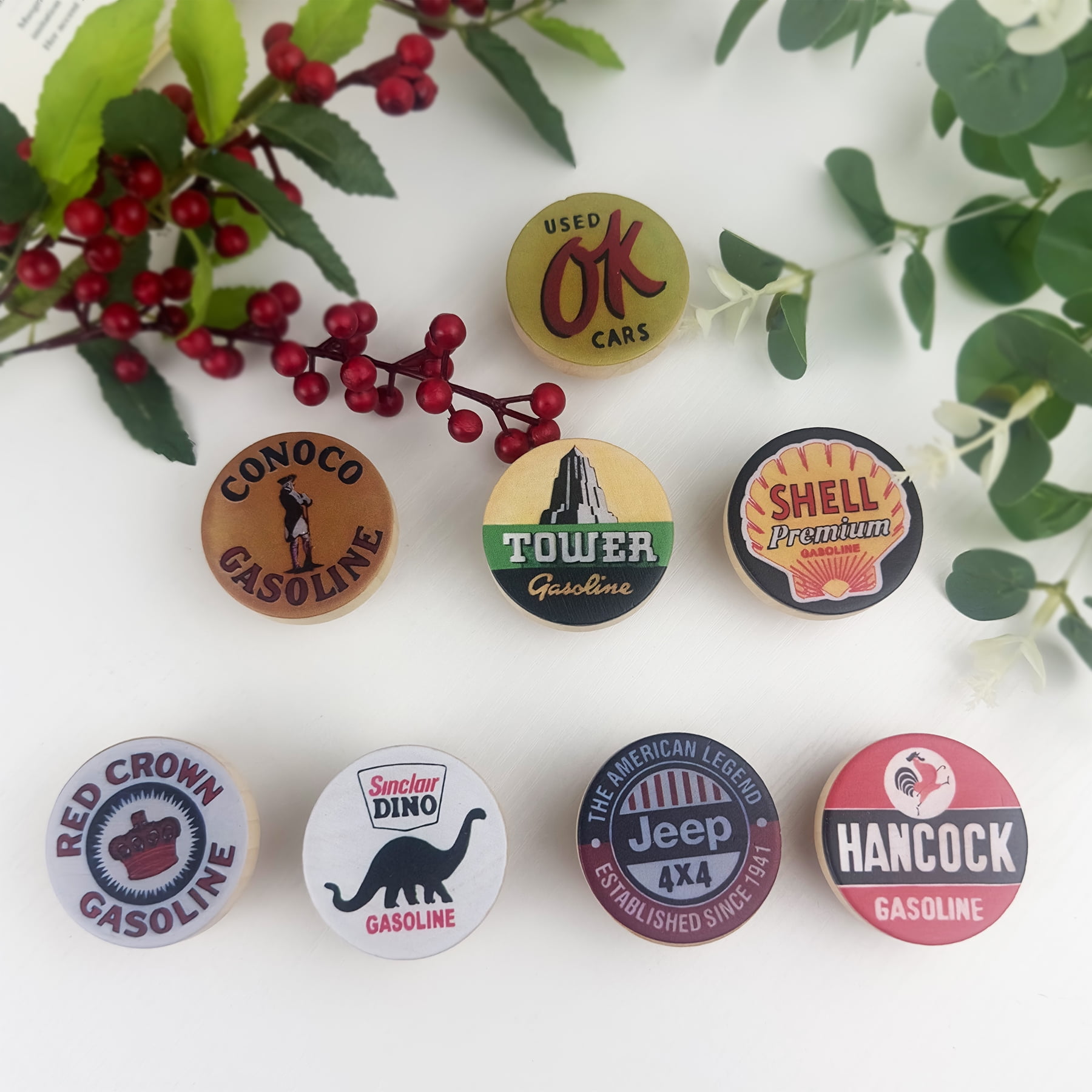 Jamjam 1.8" 8PCS Vintage Unique Gasoline and Automobile Cabinet Wood Knobs Wooden Door Farmhouse Kitchen Cabinet Dresser Drawer Pulls and Knobs