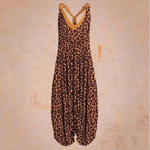 Pntutb Clearance Womens Casual Boho Print Romper Long Playsuit Strapless Sleeveless Jumpsuit Brown L