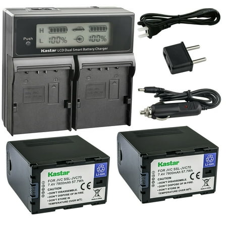 Kastar 2-Pack Battery and AC LCD Dual Fast Charger Compatible with JVC GY-HMQ10 GY-HMQ10E GY-LS300 GY-LS300CHU GY-HM200 GY-HM200U GY-HM200HW GY-HM200SP GY-HM200SP SPORTS GY-HM250 GY-HM250SP