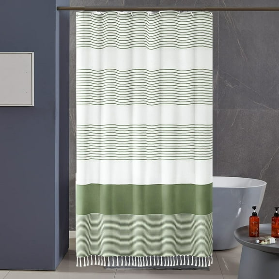 Taotanxi Green And White Shower Curtain for Bathroom Stripe Tassel Shower Curtain 72 X 72 Inches Farmhouse Linen