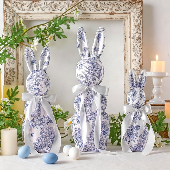 WEIH 3 Pcs Easter Bunny Decorations Chinoiserie Blue and White Floral Rabbit Figurines Easter Bunny Centerpieces for Table Mantel Decor Spring Farmhouse Holiday Home Office Party Decor