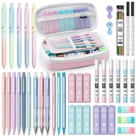 Four Candies 41PCS Aesthetic Supplies With Cute Pen Case, 5 Black Ink Gel Pens, 12 Mechanical Pencils 0.5mm, 0.7mm, 0.9mm & 2.0mm With Lead Refills For Students Stationary College Essentials
