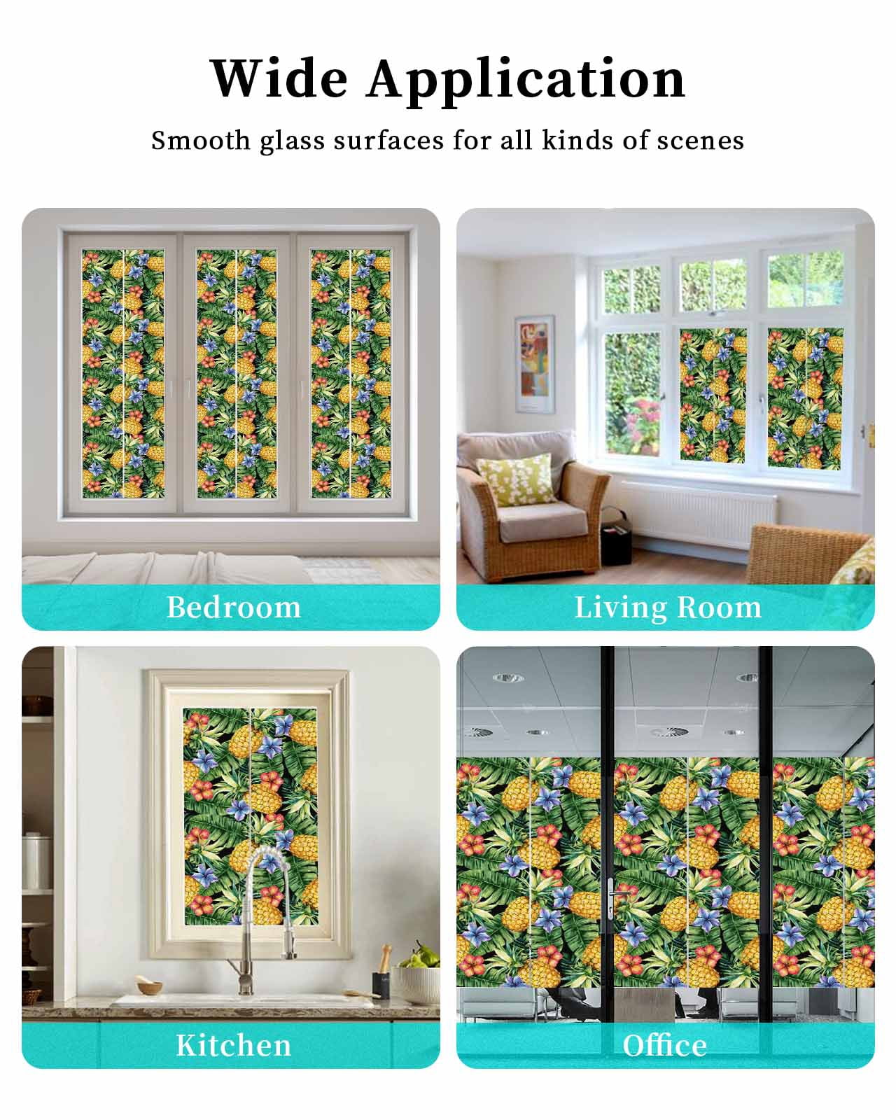 Window Privacy Film Pineapple Stained Glass Window Film Decorative Sun Block Window Cover Summer Fruit Green Tropical Palm Leaves Window Clings Static Adhesive Sticker for Bathroom 19.6"x39.3"