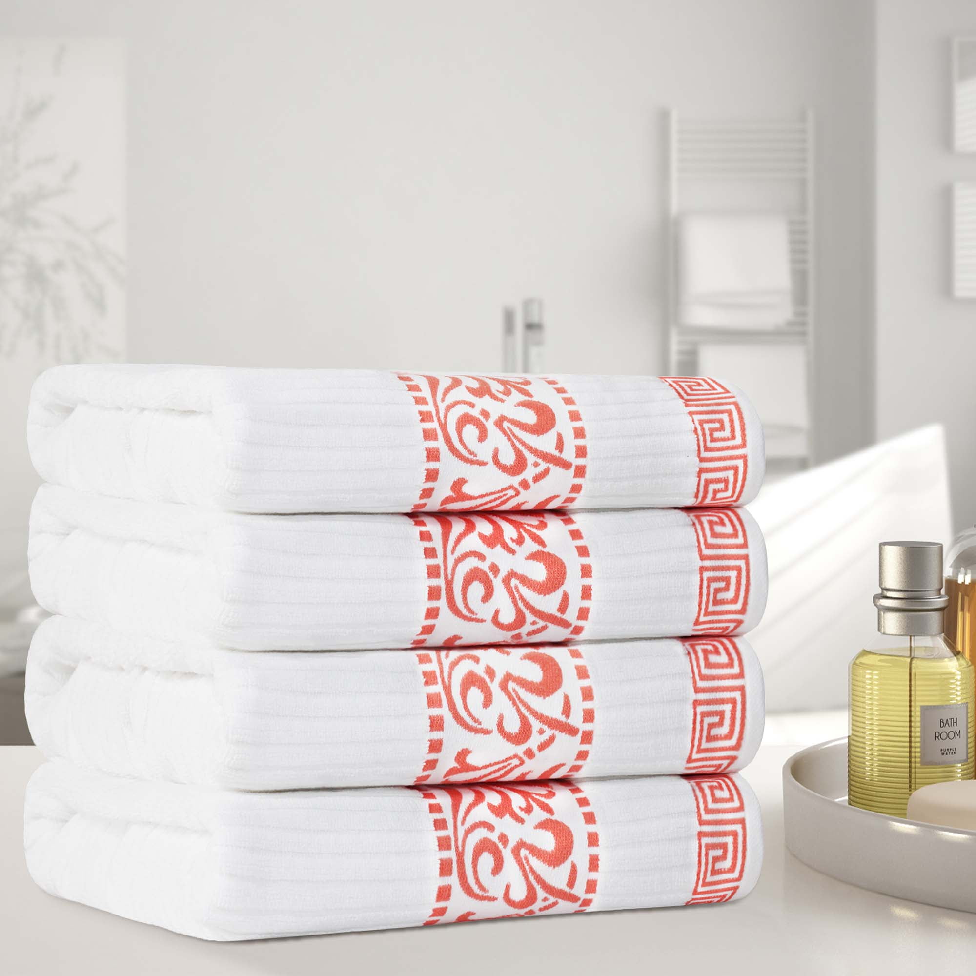 Superior Athens Cotton Greek Scroll Bath Towel Set of 4, Quick Dry Towels, Coral