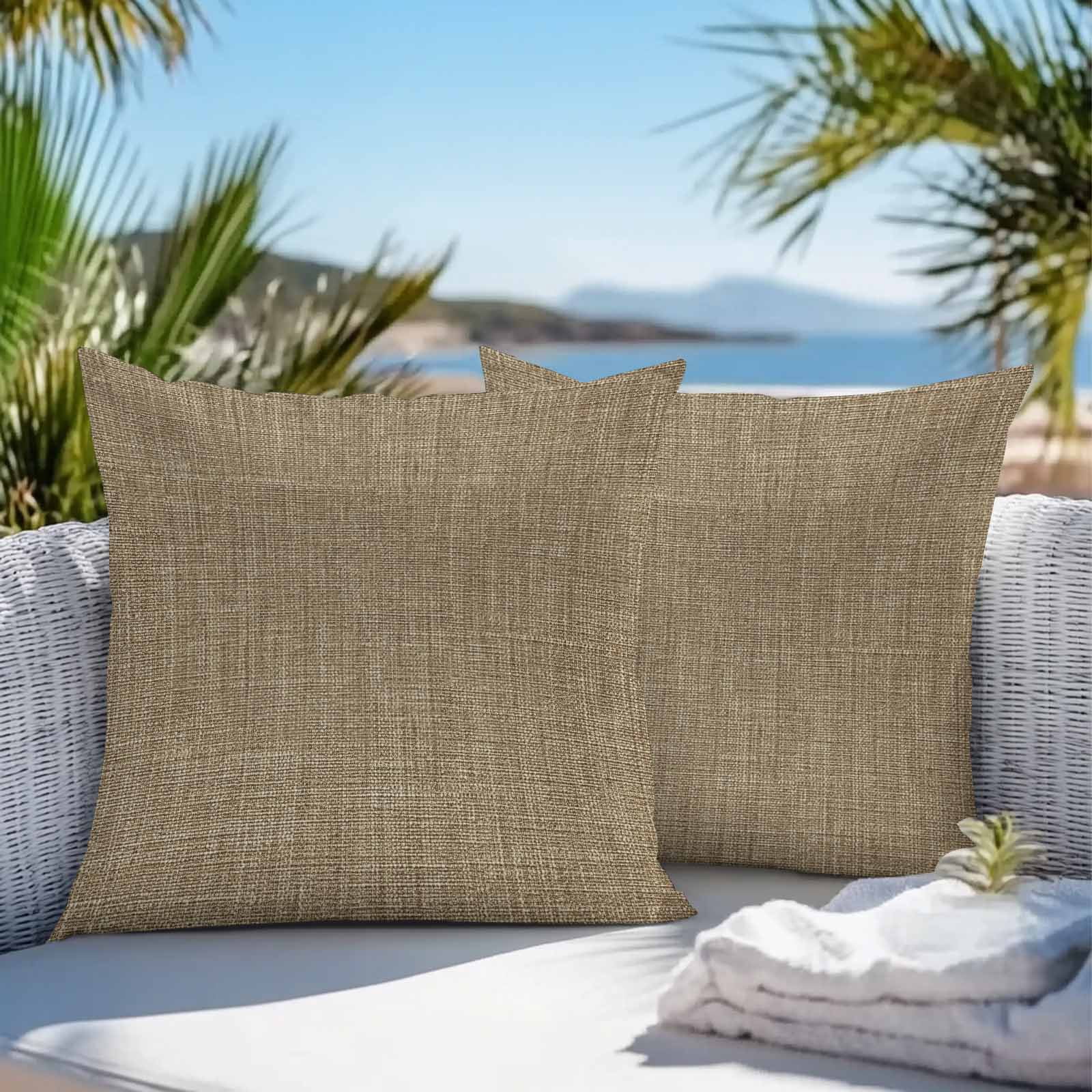Brown Throw Pillow Covers 20x20 Inch Set of 2, Farmhouse Burlap Solid Beige Color Modern Linen Texture Waterproof Outdoor Pillow Covers, Decorative Cushion Pillowcases for Couch, Sofa, Bed, Patio