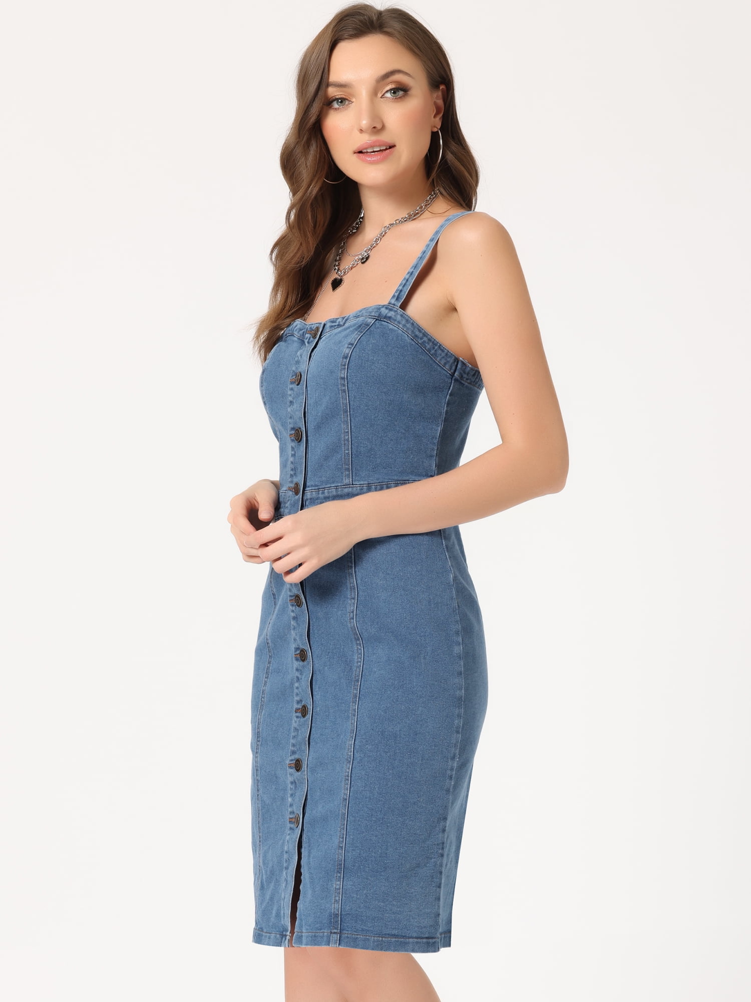 DARING DIVA Button Down Denim Sleeveless Sweetheart Neck Jean Dresses XS Light Blue