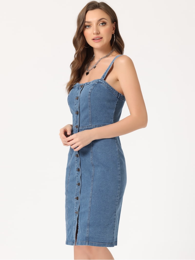 Daring Diva Button Down Denim Sleeveless Sweetheart Neck Jean Dresses XS Light Blue, Women's