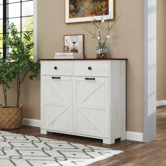Farmhouse Double Tilt-Out Trash Cabinet for 20 Gallon Bins, Antique White & Brown Particle Board Hideaway Recycling Storage with Waterproof Tabletop