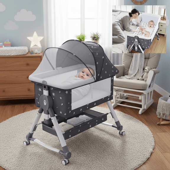 HDUTNGISN Adjustable Baby Bassinet with Changing Table & Wheels,Gray Star,0-36 Months