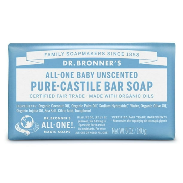Dr. Bronner'S - Jabón de Castilla puro en barra (sin perfume para bebés, 147 ml) - Hecho con aceites orgánicos, para rostro, cuerpo y cabello, suave para piel sensible y bebés, sin fragancia añadida,
