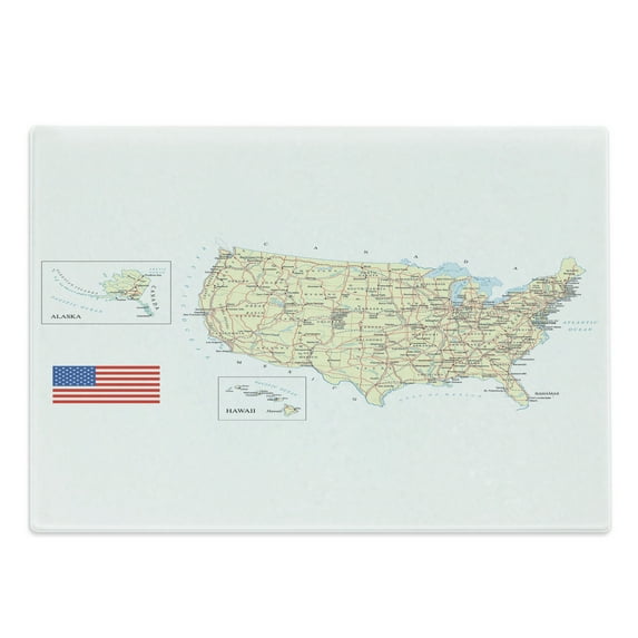 Wanderlust Cutting Board, USA Detailed Map Topographic Contours Country Names Roads Railways, Decorative Tempered Glass Cutting and Serving Board, Large Size, Ivory Pale Blue White, by Ambesonne