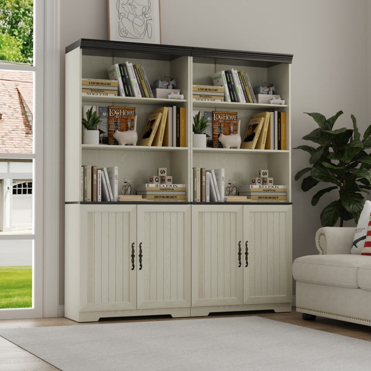 70.86" Tall Storage Cabinet, 5 Tier Cube Display Bookshelf with Barn Doors, Adjustable Shelves, Freestanding Kitchen Pantry Cabinet, Farmhouse Bookcase for Living Room Bedroom, White