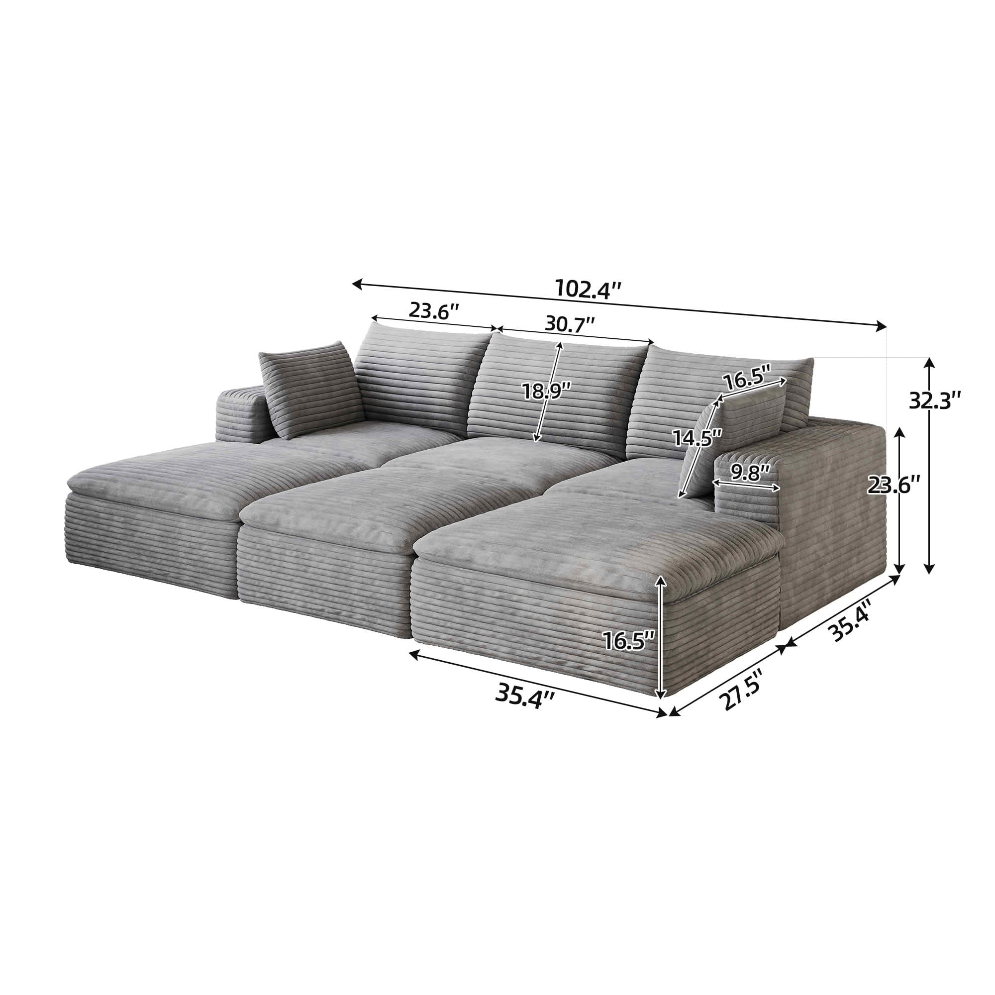 MAYEERTY 102.4 Inch Cloud Modular Sofa, Corduroy Deep Seat Couch with Double‑Layer Removable Cushions, No‑Assembly DIY Combination Sponge Sofa for Living Room Bedroom Conference Room Apartment