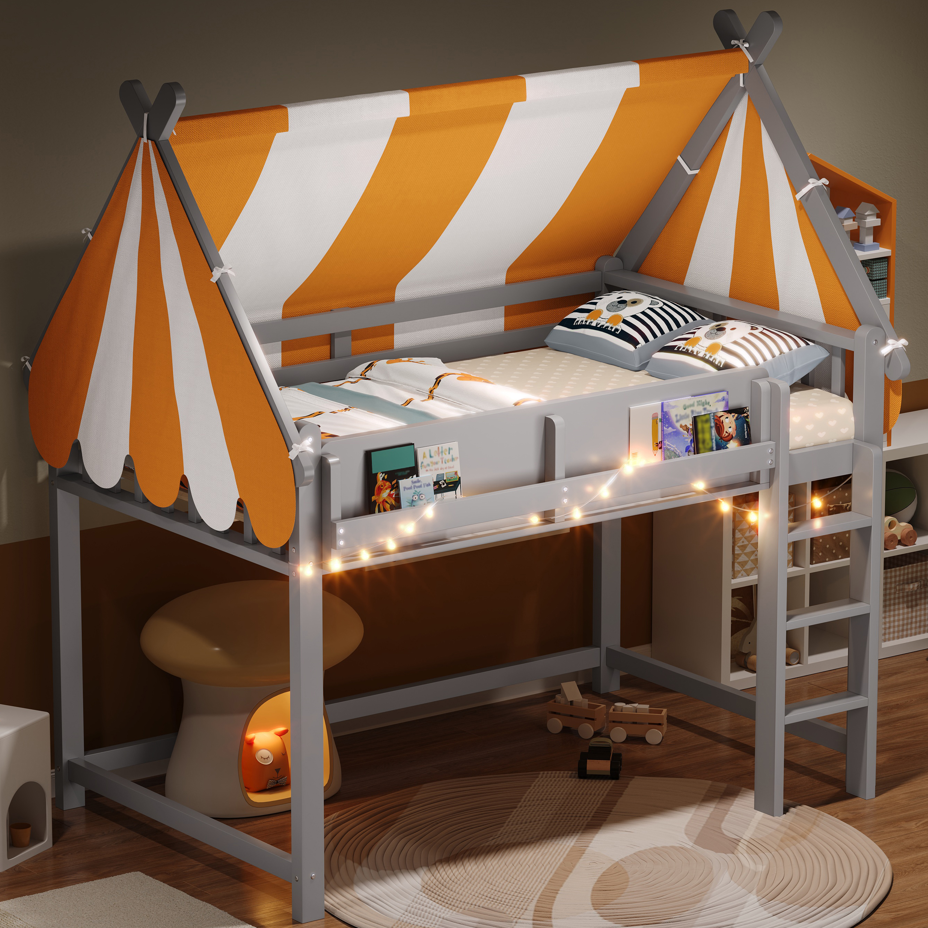 Euroco Wood Full Size Loft Bed with Shelves, House Canopy Bed with LED Light, Gray