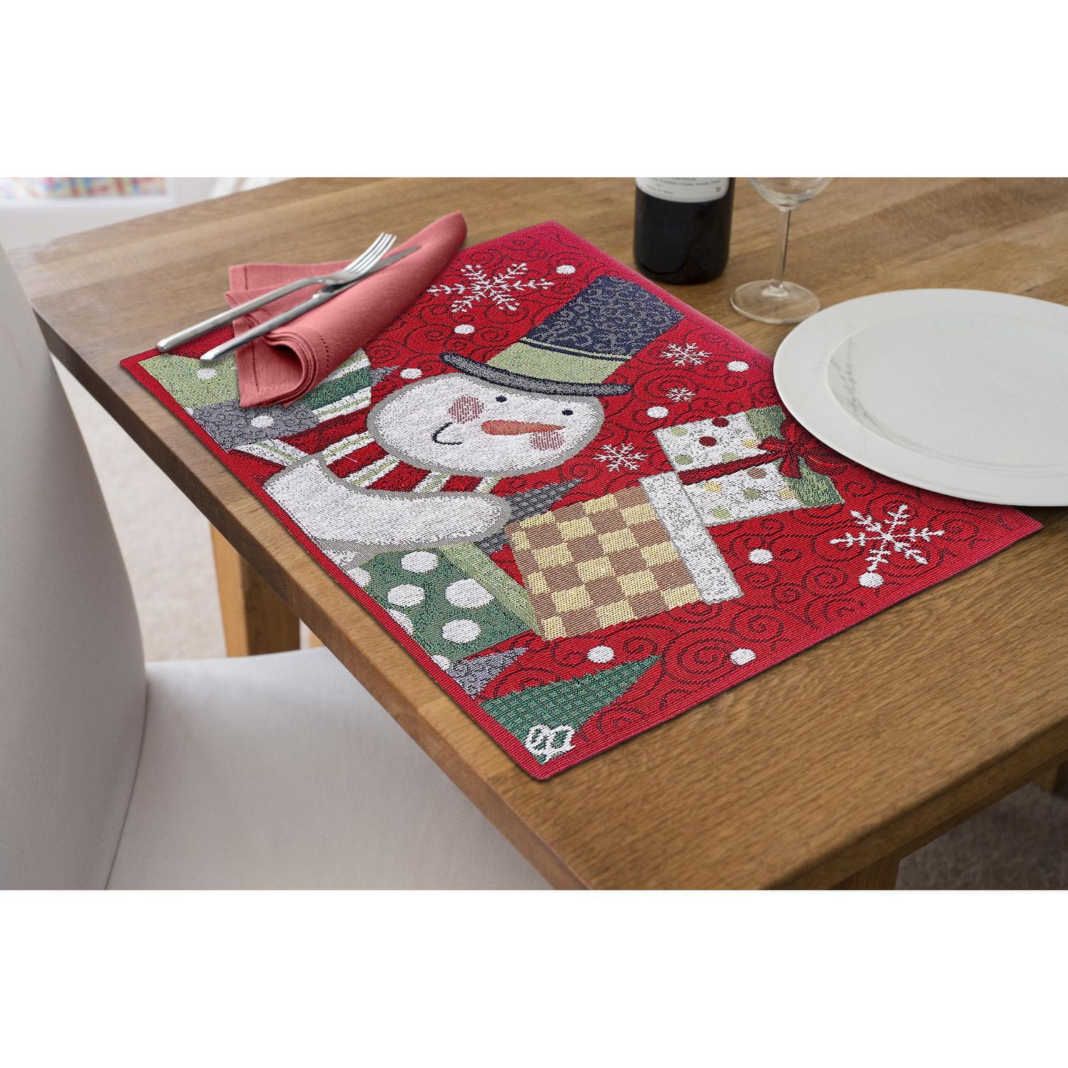 Christmas Tapestry Placemat Snowman Holding Presents 13X18 - Set of 12