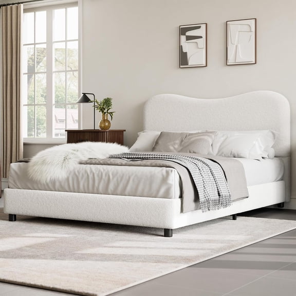 White Boucle Bed Frame with Upholstered Headboard, Soft Low Profile Sturdy Platform Bed with Rounded Corners Design, Heavy Duty, Wooden Slats, Noise Free, No Box Spring Needed, Full Size