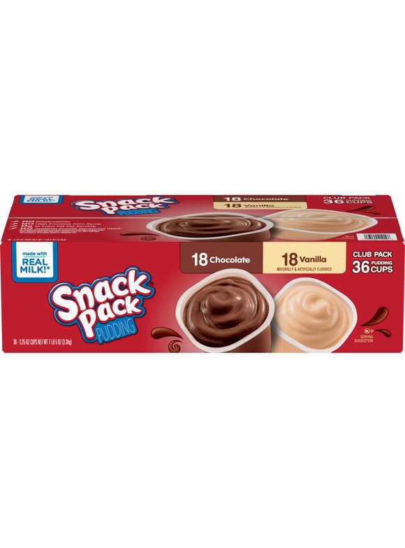 Snack Pack Chocolate & Vanilla Pudding Cups, Made with Real Milk, 3.25 oz, 36 Pack