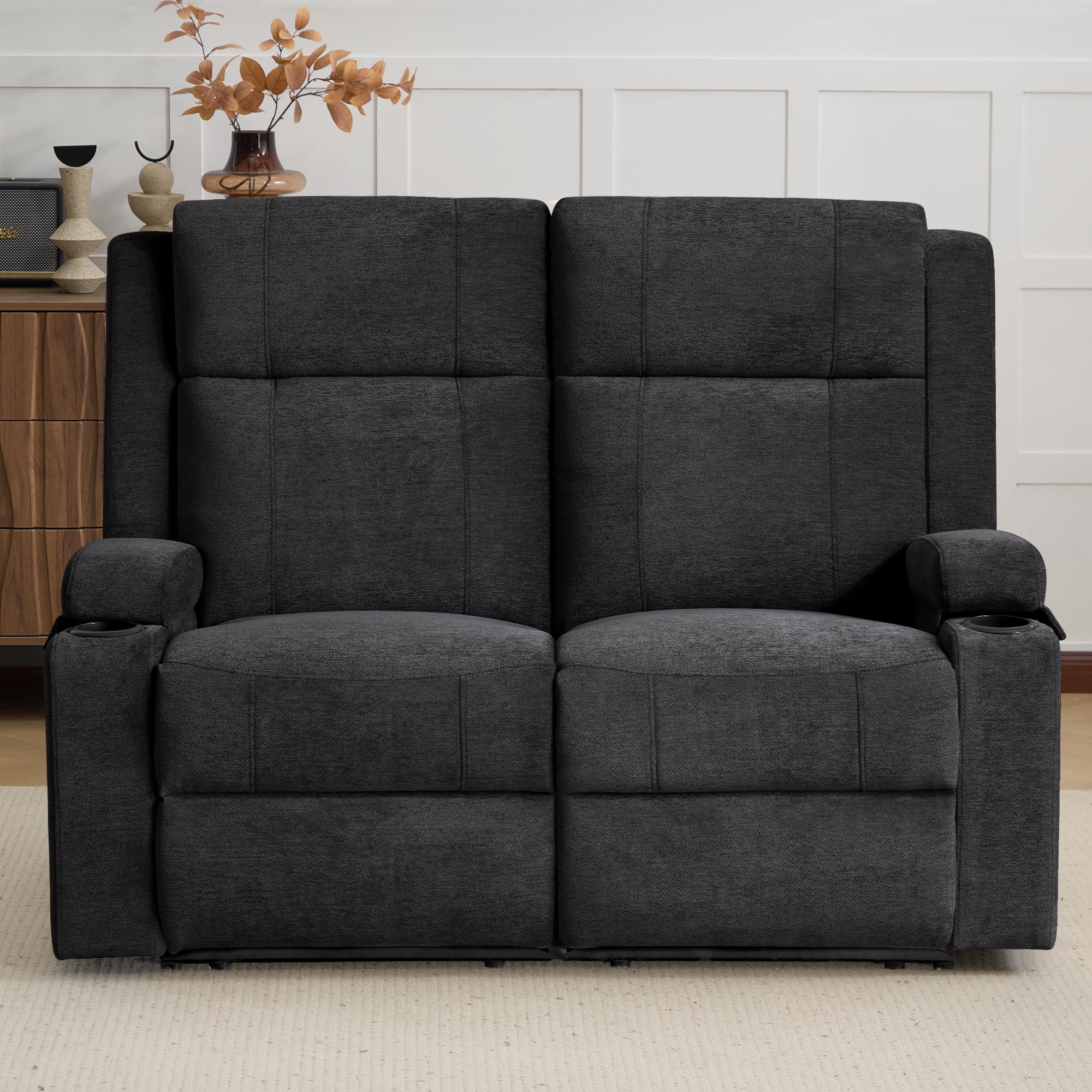 Chenille Reclining Couch, Manual Reclining Loveseat with Cup Holders, Wide Seat, Spill-Resistant Fabric, Easy Assembly, for Living Room/Apartment/RV Recliner Sofa