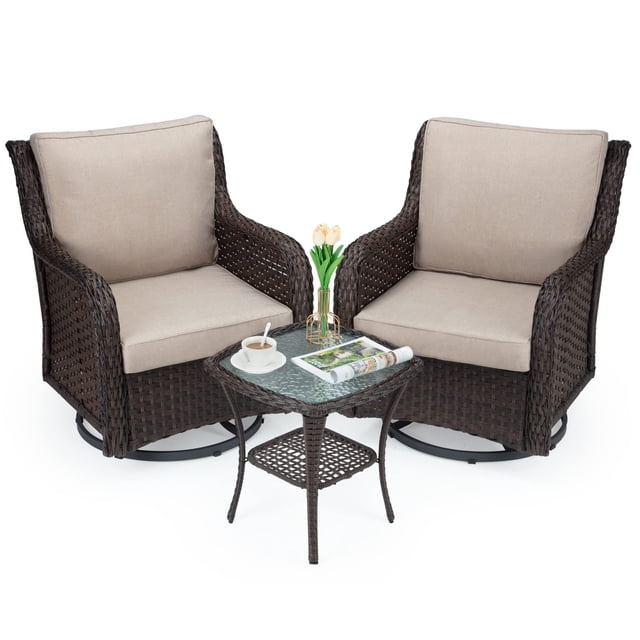 360° Swivel Rocking Patio Chair Set, 3-Piece All-Weather Wicker Glider Chairs with 4" Thick Cushions & Coffee Table – Outdoor Furniture for Porch, Balcony, Deck – Blue / Apricot / Red
