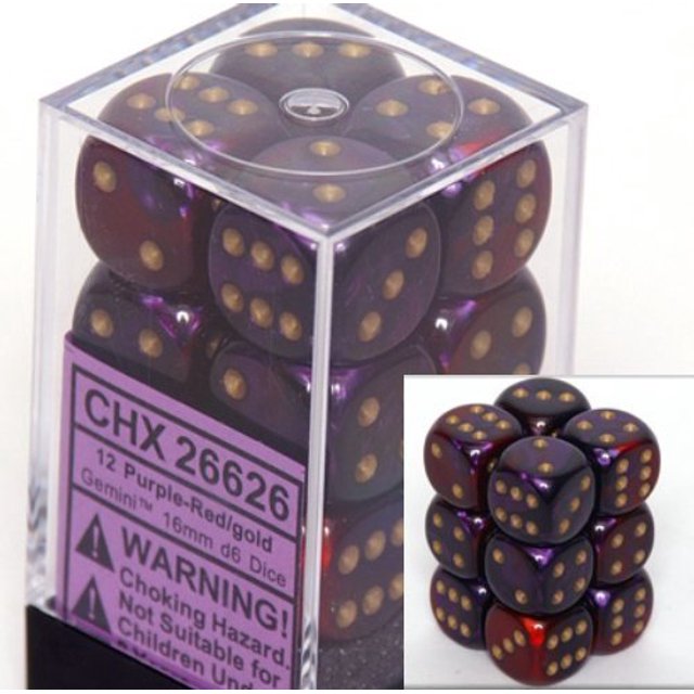 Juegos de dados Chessex d6: Gemini púrpura y rojo con oro - Dado de seis caras de 16 mm (12) Bloque de dados Chessex 785239539858