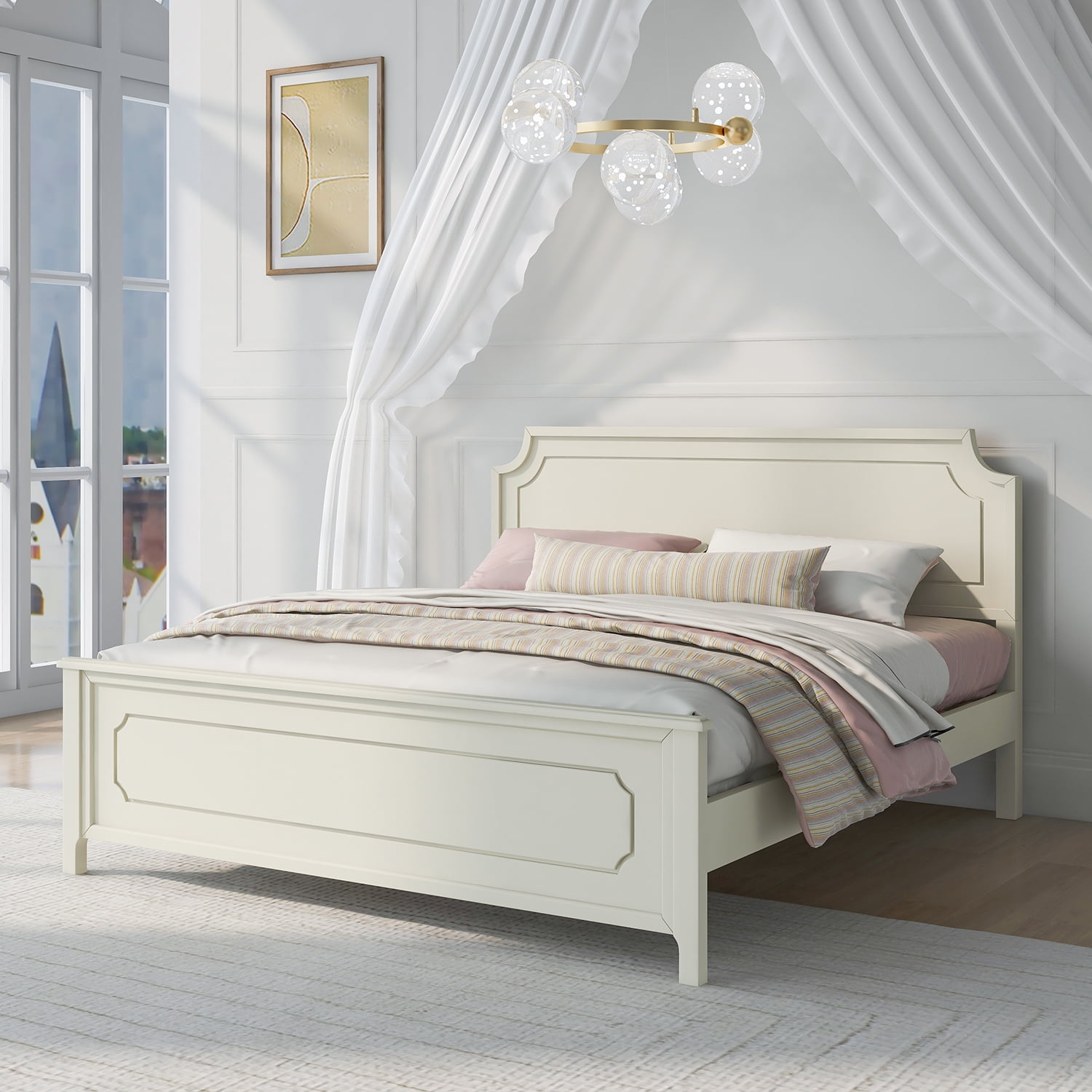 Kadyn Milky White Solid Rubber Wood Platform Bed, Modern Wood King Platform Bed with Headboard, Farmhouse bedstead for Bedroom