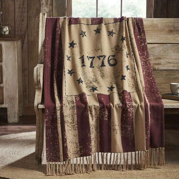 VHC Brands My Country 1776 Woven Throw 50x60, Bedroom and Living Room Decor, Blanket, Cotton, My Country Collection, Rectangle 60x50, Patriotic Red