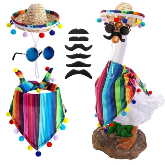 Festive Mexican Porch Goose Clothes Set - Durable Lawn Goose Outfit with Sombrero, Poncho, Sunglasses & Interchangeable Mustaches for Large Outdoor Garden Statue Decor