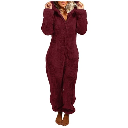 

wofedyo jumpsuits for women Women s Artificial Wool Long Sleeve Pajamas Casual Solid Color Zipper Loose Hooded Jumpsuit Pajamas Casual Winter Warm Sleepwear jumpsuits for women dressy