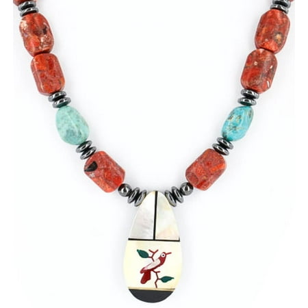 - Inlaid Bird Certified Authentic Navajo .925 Sterling Silver Jasper Turquoise Native American Necklace