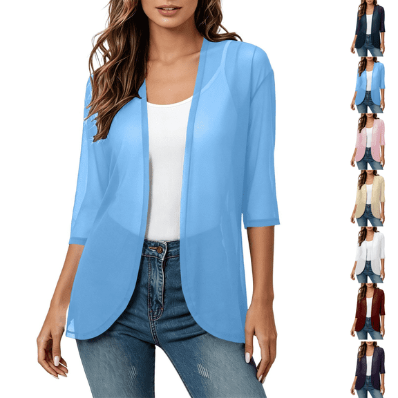 PEIBang Women's Basic Solid 3/4 Sleeve Open Front Shrug, Soft Lightweight Knit Cardigan for Office Daily Casual Wear