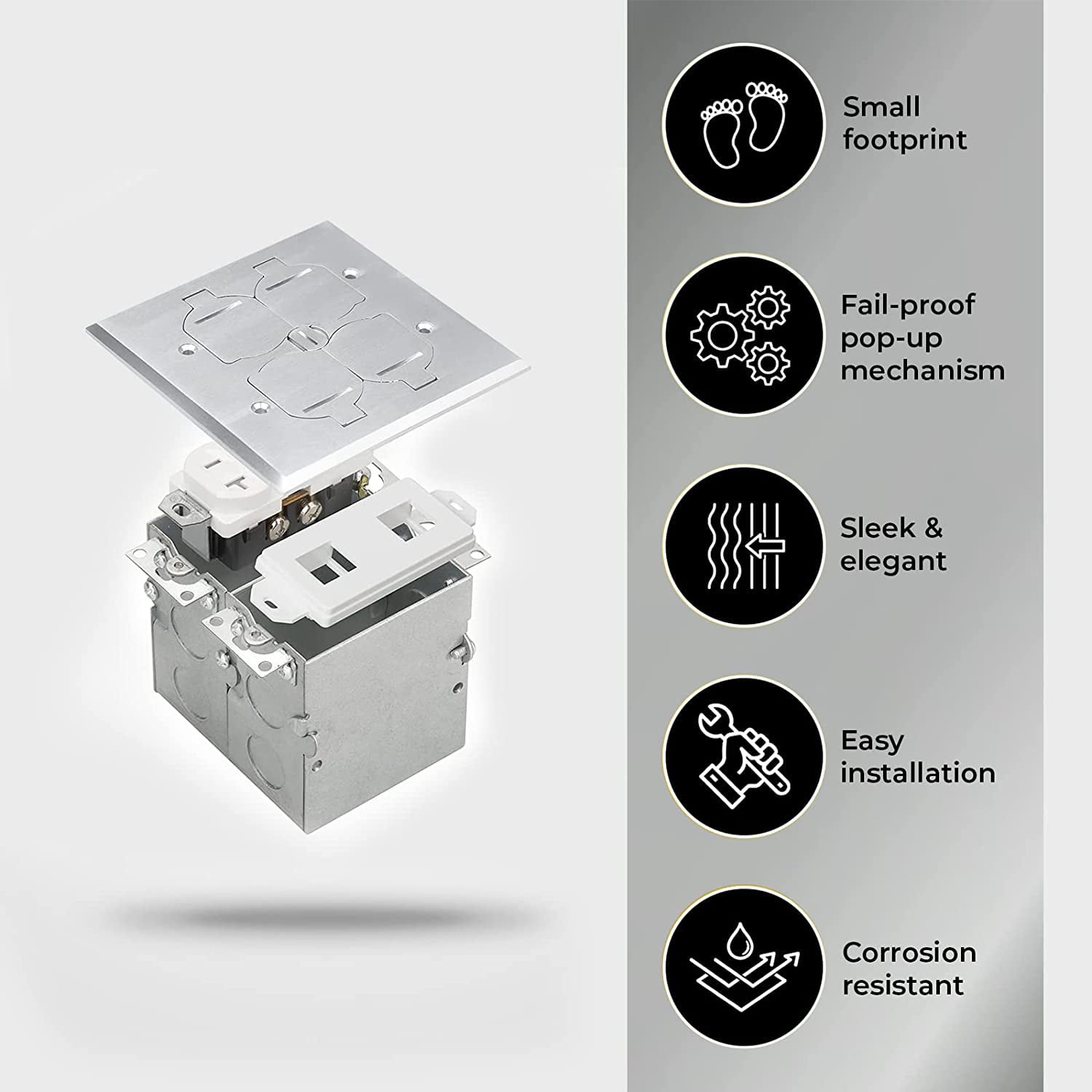 SELECT Lighting SLFB-2G-TR20-LV-NI 20A Receptacle Outlets,Tamper Resistant Electrical Floor Box with Flip Lid and Nickel Plated Brass Cover,Retractable Recessed Socket for Kitchen,Countertops & Floor