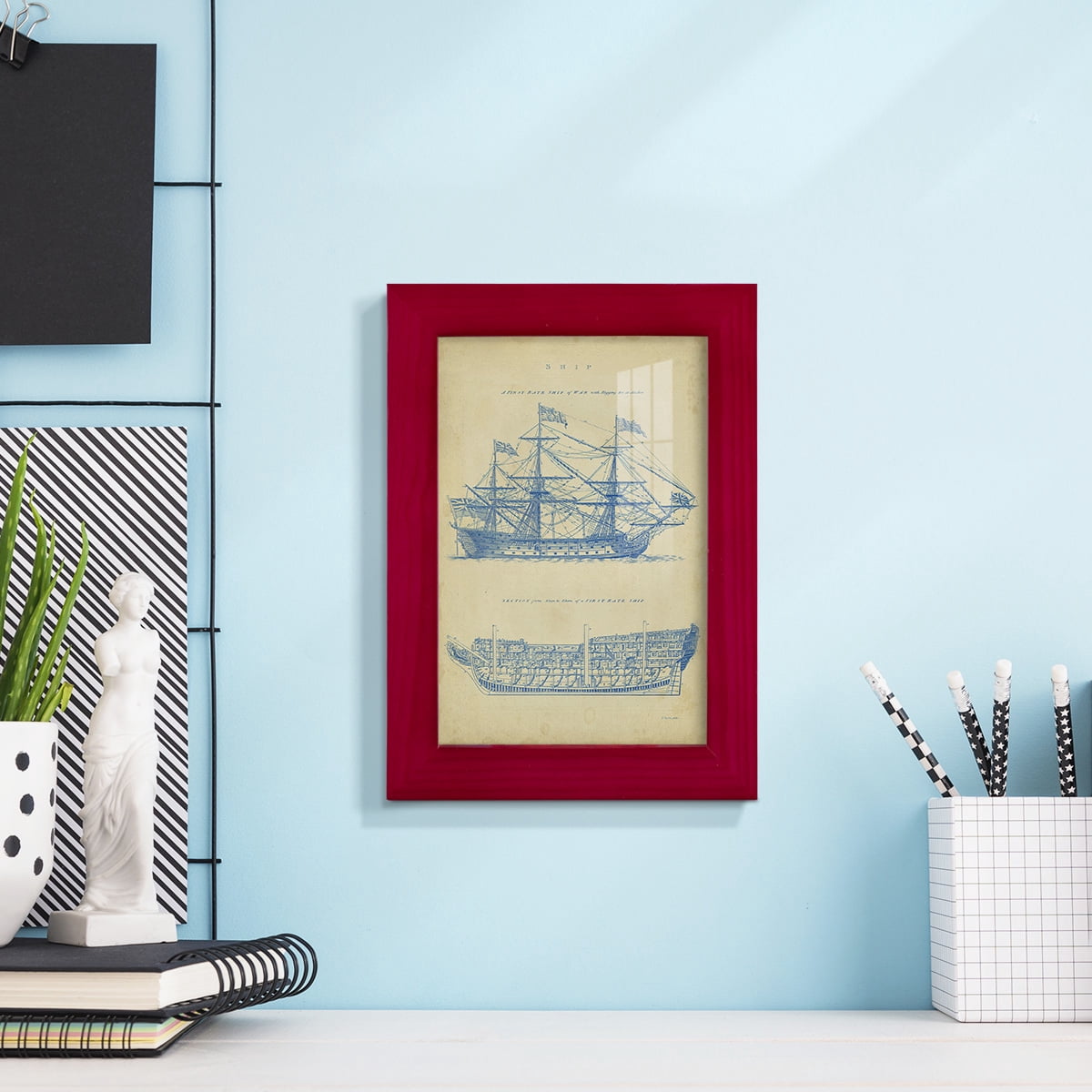 Vintage Ship Blueprint -Framed Print w/glass-Cherry Red