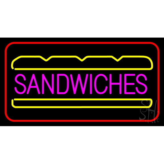 Sandwiches with Red Border LED Neon Sign 13 x 24 - inches, Clear Edge Cut Acrylic Backing, with Dimmer - Bright and Premium built indoor LED Neon Sign for restaurant window and interior decor.