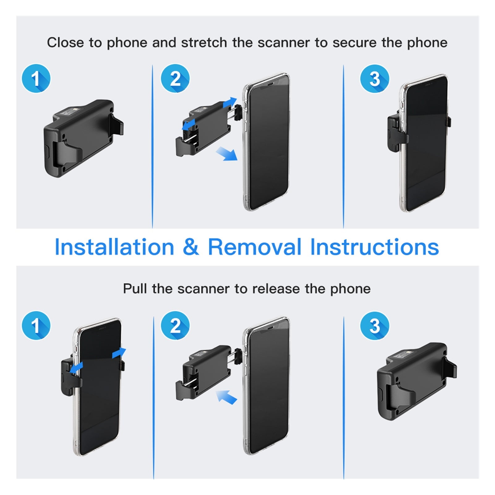 2D Bluetooth Barcode Scanner Wireless Back Clip-on Phone Bar Code Scanner Adjustable For 1D QR PDF417 Code Reader ,Easy to Operate