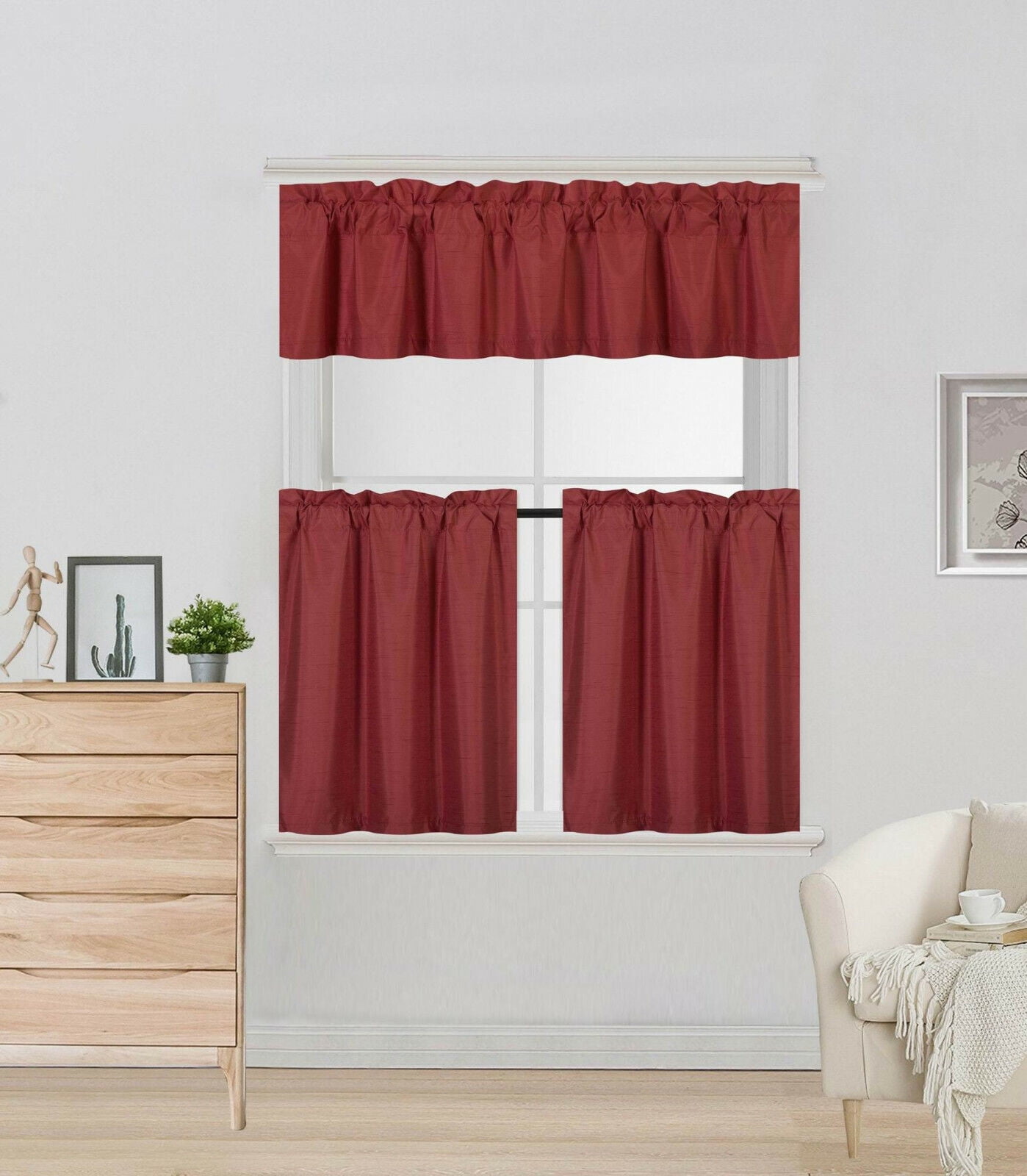 Luxury 3 piece Kitchen Curtain Red Color K4 Includes 1 Valance and 2