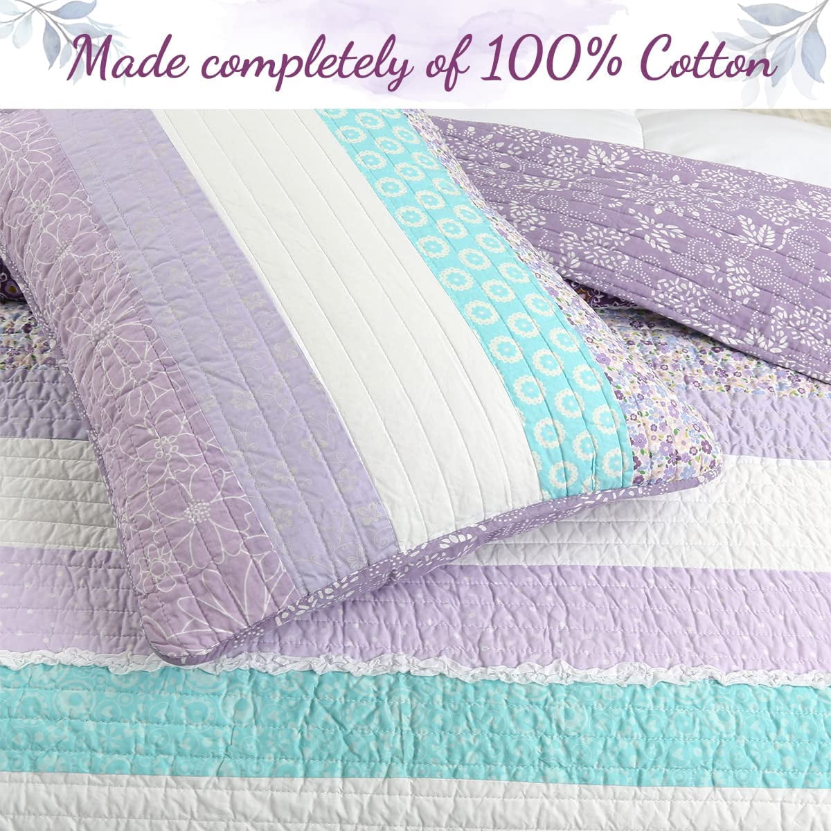 Purple Cosmos Spring Floral Stripe Garden Lavender Teal & White Ruffle Cotton Queen Reversible Quilt Bedding Set